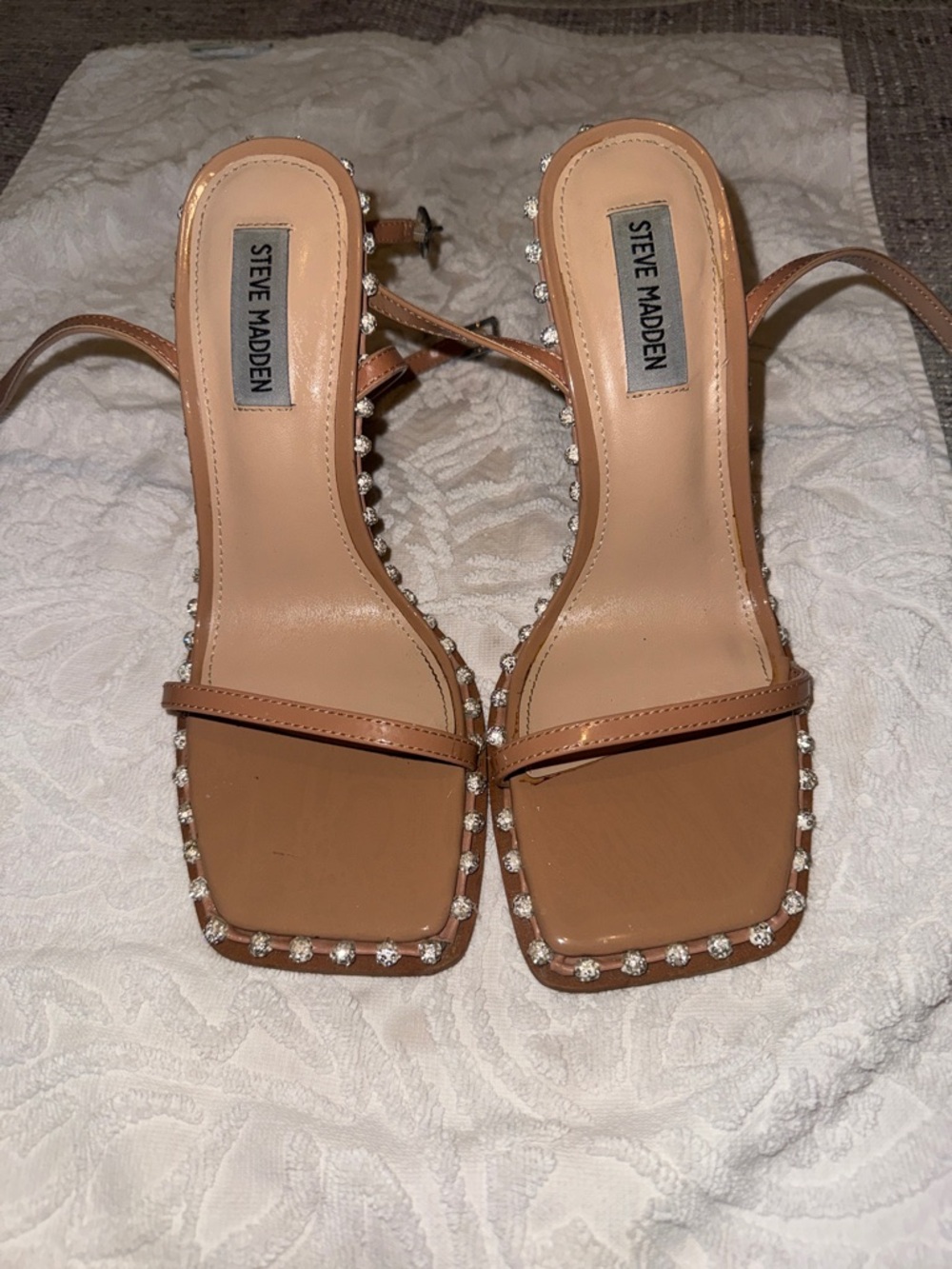 Steve Madden Nude/Tan Crystal-Trim Strappy Heels